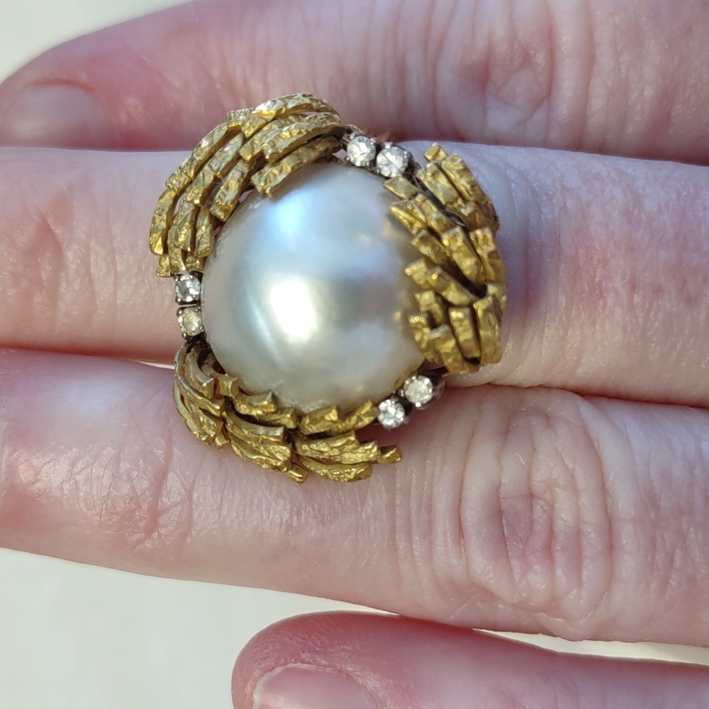 Mabe pearl 18kt Yellow Gold Ring, diamonds, estate Ring vintage - Picture 6 of 16
